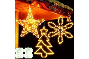 Yowin Deco Exterieur Noël 3 Pièces LED Étoile/Neige/Sapin de Noël Lumineuse, Decoration Lumiere Fenêtre à Piles avec Minuterie, Étanche Étoile Lumineuse pour Joyeux Balcon Fenêtre Mur Porte