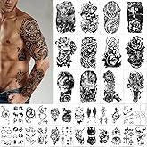 Yazhiji 36 Sheets Temporary Tattoos Stickers, 12 Sheets Fake Body Arm Chest Shoulder Tattoos for Men or Women with 24 Sheets 