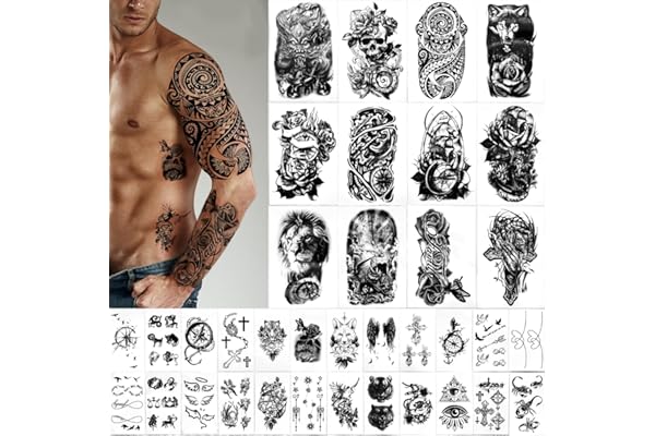 Yazhiji 36 feuilles de tatouages temporaires autocollants, 12 feuilles de faux corps bras poitrine épaule tatouages pour hommes ou femmes avec 24 minuscules noirs
