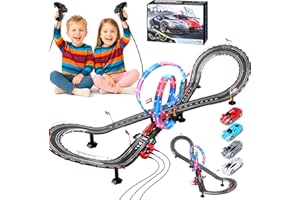 Charmofun Circuit Voiture Electrique, 50km/h Lumineuse Circuit Voiture Enfant 1:64 Piste Course - 4 LED Voitures, 360° Cercle, Prise, Compteur de Tours, Piste Voiture Enfant 6-12 Ans Jouets Cadeau (L)