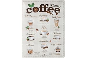 DODINO 30 x 40 cm retro cartel de chapa Coffee Menu decoración vintage cocina cafés fans de café idea idea regalo café café café capucchino, café latte descripción general receta decoración café bar