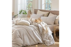 Lanqinglv Bettwäsche 155x220 Baumwolle Gestreift Beige Weiß,100% Renforce Baumwolle Bettwäsche Set mit Reißverschluss,ÖKO-TEX Bettwäsche für Allergiker Geeignet,1 Bettbezug & 1 Kissenbezug 80x80 cm