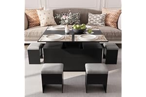 VOWNER Tavolino da Salotto Regolabile in Altezza, Tavolo da Salotto Multifunzionale 4 in 1 con 4 sgabelli, Tavolino da Salotto Convertibile in Tavolo da Pranzo da Salotto, Nero, 108 x 106 x 68 cm