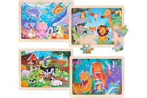 PLUNACK Jigsaw Puzzles Wooden Puzzles for Kids Ages 3-5, Preschool Educational Jigsaw Puzzles Toddlers Toys, 4 Packs 24 Piece Dinosaur Farm Zoo Sea World, Montessori Gifts for 3 4 5 6 Year Old Boys Girls