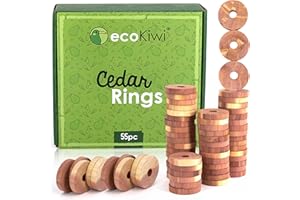 ecoKiwi Moth Repellent for Wardrobes Cedar Rings - 55 Pack - 100% Natural Cedar Balls - Anti Moth Products - Cedarwood Oil Moth Repellent for Rooms & Clothes - Moth Balls for Wardrobe with Sandpaper