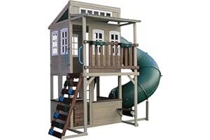 KidKraft Casita Infantil Cozy Escape de Madera (FSC) de Dos Pisos con tobogán, Cocina de Juguete y Pared de Roca para niños, Casa de Juegos al Aire Libre, Juguetes de jardín (F29045)