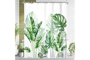 ‎LERORES Lerores Duschvorhang 120x200 Grün Blätter Beschwerter Saum Antischimmel Textil, Wasserabweisend, Waschbar Polyester Stoff Badevorhänge mit Ösen und 8 Duschvorhangringe für Badezimmer, Badewanne