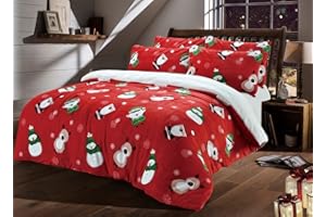 Olivia Rocco Teddy Fleece Duvet Cover Set Printed Super Soft Quilt Sets Check Stars Stag Design Warm Winter Bedding With Sherpa Reverse, Single Christmas Friends