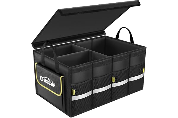 Oasser Rangement Coffre de Voiture Organisateur Coffre Voiture 55L en 600D Support 30KG Etanche Multi-compartiments avec Couvercle Pliable et Bande Réfléchissante pour SUV Camion