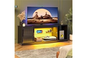 Bestier Mobile TV per TV da 65 pollici,Centro di intrattenimento LED da gioco con supporto scanalato lucido per PS5,Xbox, Console TV con ripiani in vetro regolabili,Nero lucido