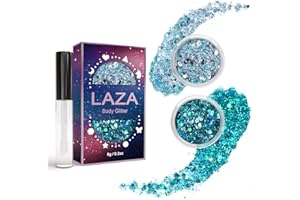 Laza Body Glitter, 2 Jars Holographic Chunky Sequins with Glitter Glue Perfect for Women Eyeshadow Makeup Face Paint Festival Rave Outfits Hair Accessories Carnival Party Costumes - Blue Ocean