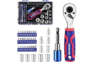 WORKPRO Set di Punte e Bussole da 42 Pezzi, Chiave a Cricchetto Compatta da 1/4" con Portapunte Magnetico a Cambio Rapido, 72 Denti, Design a Doppia Testa, Utensile Portatile per Spazi Ristretti