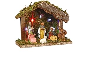 JJA Weihnachtliche Krippe mit Sieben Krippenfiguren 5 LEDs Weihnachtsdeko bunt 13,5 cm
