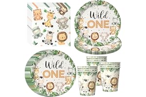 PYAILI 52 Pcs Wild One Party Tableware Set Woodland Animal Party Plates, Birthday Tableware, Party Decor Set, Kids' Birthday Plates Cups Napkins-16 Guests