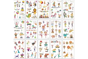 TASHCE Tatuaggi Temporanei per Bambini, 15 Fogli Adesivi per Bambini, Adesivo per Tatuaggio Falso Impermeabile Ragazze Ragazzi Tatuaggio Feste di Compleanno Giochi Regalini (Circo)