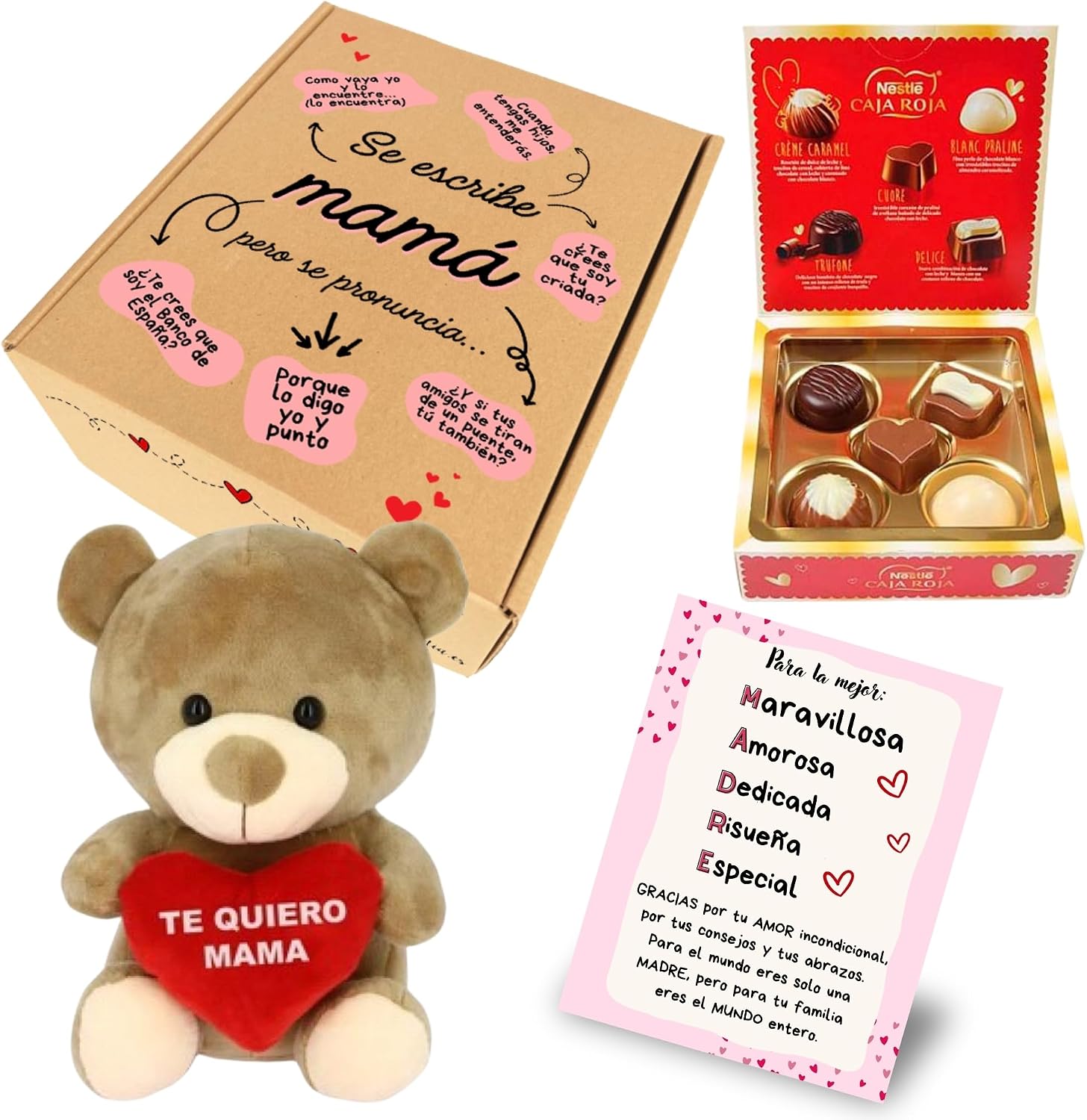 Peluchilandia Regalo Madre Divertido y Original | Cajita con Peluche Personalizado Te Quiero Mama con Bombones y Tarjeta | Regalos Mujer para el Dia de la Madre (Marrón)