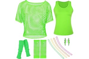 Matreeglam 80s 90s Women's Mesh Top, 80s Outfit Women's Set, Neon Mesh Shirt Girls, Retro Costume Accessory with Mesh Gloves, Leg Warmers for Theme Party, Carnival, Neon Party