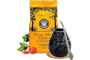Yerba Mate Tee Starter Set mit Mate Green Fuerte 400g ● Keramik mate tee becher Marmol 350ml ● Brasilianischer Matetee mit Kräutern ● Edelstahl trinkhalm Bombilla Liza und Korkpad