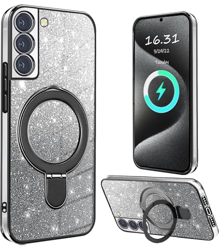 Anlalish Glitter Cover Compatibile con Redmi 14C con Anello Supporto, Morbido Silicone TPU Magnetico Protezione Trasparente Custodia per Poco C75 (Viola