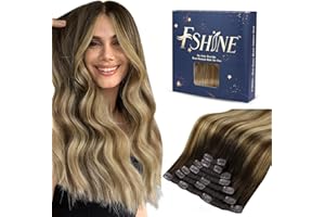 Fshine Extension a Clip Cheveux Naturel 35cm 120g 7 Pieces Extension Cheveux Naturel Clip Balayage Brun Moyen Avec Blond Platine Extension Cheveux Lisse Raides Maxi Volume #2/3/27