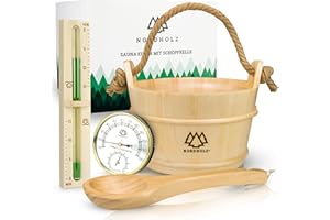 ‎NORDHOLZ NORDHOLZ® Sauna Eimer mit Kelle aus 100% nordischer Fichte - Hochwertiges Sauna Zubehör - Einsatz, Hanftrageseil & Gratis E-Book - Wellness Aufguss Komplett Paket - Saunaeimer Set