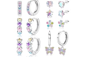 FIOROYAL 7 par hipoalergicznych kolczyków kreolskich dla dziewcząt i kobiet, srebrne, małe gwiazdki, kwiaty, kolczyki medyczne, słodkie serce, wiszące kolczyki, różowe, kolorowe kolczyki ze stali
