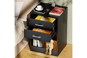 Lvhcmfohm Moderner Nachttisch mit Steckdose Matt, Nachtschrank mit Led, Nachtkästchen, Nachtkommode mit 2 Schubladen für Wohnzimmer, Schlafzimmer (Schwarz, 40x35x60cm)