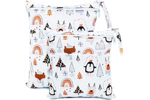 CHEESANHERR Bolsa de Pañales Impermeable，2 Pcs Wetbags de Tela con 2 Cremallera Portátil, Bolsa Muda Bebe, Organizador Reutilizable Lavable Guardería Colegio Viaje Playa Piscina Gym (Pingüino Blanco)