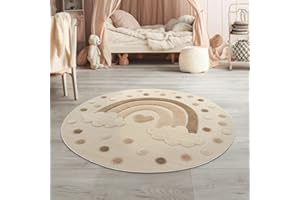 ‎TT HOME TT Home Kinderteppich Kinderzimmer Teppich Spielteppich Kurzflor Sonne Flauschig 3D, Farbe:Dunkelcreme Creme Sand, Größe:120 cm Rund