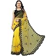 Yashvi Designer Women's Embroidered Work Net Saree With Unstitch Blouse Piece., Yellow-Black, One size, Yellow-Black, One Size
