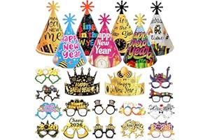 DPKOW 23pcs 2026 Capodanno Occhiali Cappelli di Carta di Multicolore, Buon Anno Nuovo Cappelli a Cono Corona Cerchietti per 2026 Capodanno Gadget Photo Booth Accessori Cotillon