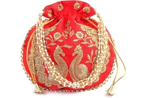 GULAAL ART Indian Handmade Flower Embroidered Olive green Cotton Potli Bag Clutch Purse Pouch Drawstring Bag For Women's Wedding Gift