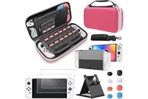 FYOUNG Étui de Transport et Housse de Protection, Kit Accessoires Compatible avec Switch OLED, Case de Voyage Portable, Coque pour Switch OLED, Protection D'écran, Capuchons de Pouce - Rose