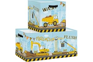 HUUMONSS Boîtes de Rangement Lot de 3 Véhicules de Construction Paniers de Rangement Cube Grue Bulldozer Enfant Pliables Coffre à Jouets Garçons Filles pour Étagères Livres,Camion Benne,30x30x30 cm