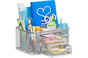 Marbrasse Organizer na Biurko,Siatkowy z 2 Szufladami, Wielofunkcyjny Przybornik na DłUgopisy na Biurko, Organizery I Akcesoria na Biurko z 5 Przegrodami do Domowego Biura (Srebrny)