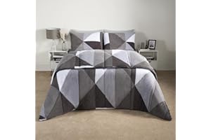 OHS Teddy Fleece 10.5 Coverless Double Duvet, Reversible Duvet Double Washable Coverless Travel Camping Soft Warm Comfy Bed Set with Pillowcases, Grey Geo