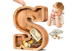 SummiDate Wooden Letter Money Box for Kids, Personalised Piggy Bank for Boys Girls Toddler, Alphabet S Money Banks| Coin Bank Birthday Gift for Kids|Children's Gift(Initial-S)