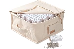 KnitIQ Spannmatten Set - 9 Extra Dicke Blockiermatten mit Rasterlinien, 150 Rostfreie T-Pins in Dekobox, Qualitätstasche für Stricken, Häkeln, Handarbeiten und Wohnaccessoires - Naturdesign