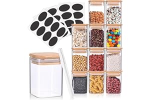 Revivoer Bocaux Epices, Lot de 12 x 200 ml Pots à Épices en Verre Carrés avec Couvercle en Bambou, Boite a Epices Cuisine Rangement pour Herbes Bonbons et Thé (Carrée)