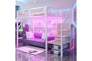 ‎MERAX Merax Hochbett aus Metall 90x200 cm, mit LED-APP-Band, Leiter-Aufbewahrung und offenem Schrank, Stauraum unter dem Bett, für Kinder und Jugendliche, Weiß (ohne Matratze)