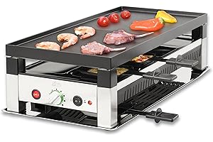 ‎SOLIS Solis 5 in 1 Table Grill 791 Raclette 8 Personen - Raclette + Tischgrill + Wok + Pizza Grill + Crêpes - Elektrogrill - 1400W - Edelstahl