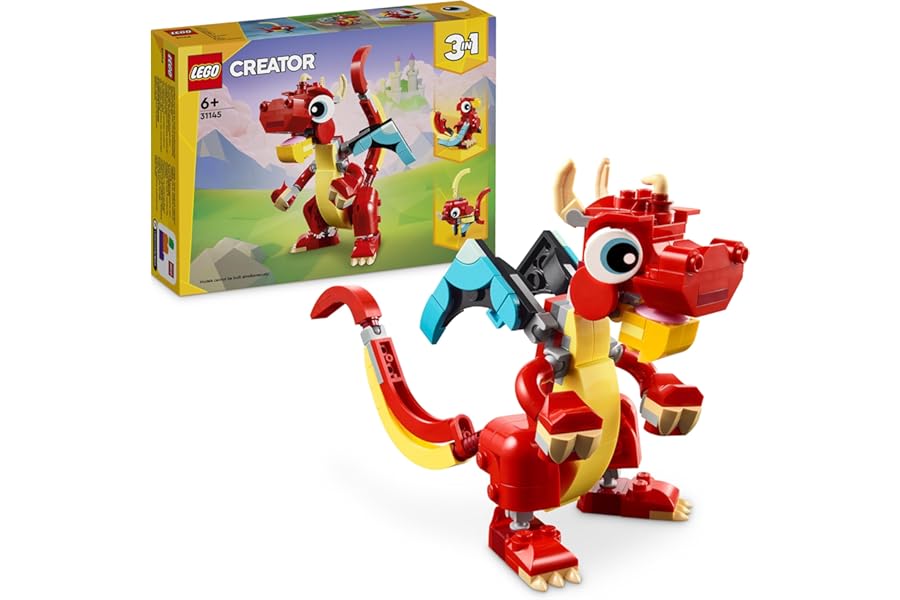 LEGO Creator 3 in 1 Red Dragon, Games for Children and Girls from 6 Years Animal Fans, Reconstructible Action Figure in Fish with Movable Fins and Phoenix Toy, Birthday Gift Idea 31145