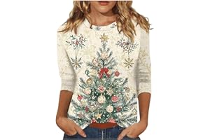 DaPongZhi Christmas Jumpers for Women UK 3/4 Sleeve Xmas Tree Printed Sweatshirt Casual Crewneck Pullover Loose Christmas Blouse Tunic T Shirt Ladies Xmas Sweatshirts Holiday Clothes