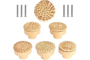 FINDIR 6pcs Rattan Möbelknöpfe Naturholz Schrankknöpfe Kommodenknöpfe Holz Schubladenknöpfe Boho mit Schrauben für Küchenschränke Schränke Schubladen Vintage Schubladenschrank(42 * 30mm)