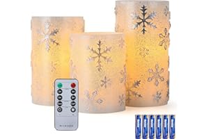 EXTSUD Lot de 3 Bougies LED Sans Flamme en Vraie Cire avec Gravure de Focons de Neige, Bougie Électrique à Piles avec Télécommande, Décoration pour Noël et Fêtes