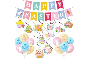 BUSCANDO 38Pcs Easter Decorations Happy-Easter Bunting - Hanging Banner Ceiling Swirl Decoration Easter Bunny Egg Rabbit Garland Foil Hanging Pendant for Home Party Decor Supplies