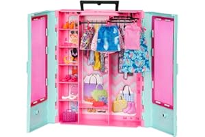 Barbie - Playset armadio con 3 abiti, 3 paia di scarpe, 2 borsette, 5 appendiabiti, collana e occhiali da sole, giocattolo per bambini, 3+ anni, HKR92
