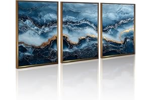 PWAAHDC Navy Blue and Gold Framed Wall Art Set of 3 – Abstract Marble Prints for Living Room, Bedroom, Bathroom & Hallway – Modern Blue Aesthetic 12"x16" (30x40cm)