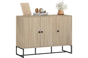 HOMCOM Aparador de 3 Puertas con Diseño Chevron, Aparador de Salón con Estantes Ajustables, Patas de Acero, para Cocina, Entrada, Dormitorio, Roble, 108x40x80 cm