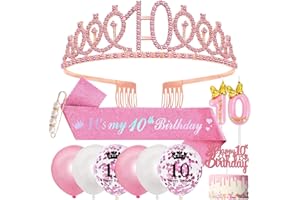 SWPEED 10th Birthday Decorations, 10th Birthday Sash and Tiara Girls Birthday Presents,Birthday Crown Headband Birthday Sash for Girls,10th Birthday Balloons Candles Cake Topper Gifts for 10 Year Old Girls